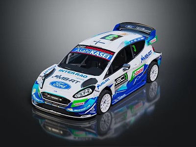 Ford Rally Racing Car With White Blue Green Livery And Abu Dhabi M Sport Logos 3d model