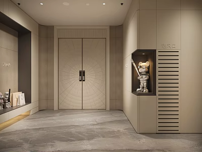 Modern Foyer Hallway Interior With Double Doors Built in Display and Gray Floor Tiles 3d model