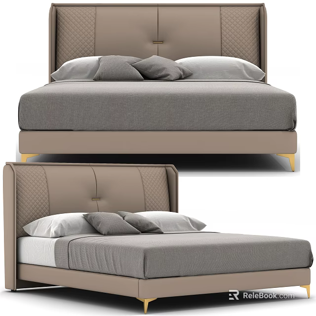 Modern Double Bed With Upholstered Headboard Neutral Tones And Plush Pillows 3d model 