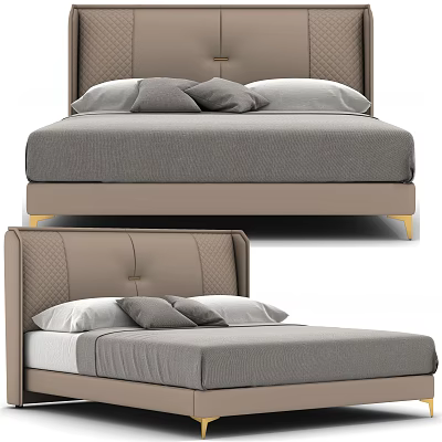 Modern Double Bed With Upholstered Headboard Neutral Tones And Plush Pillows 3d model