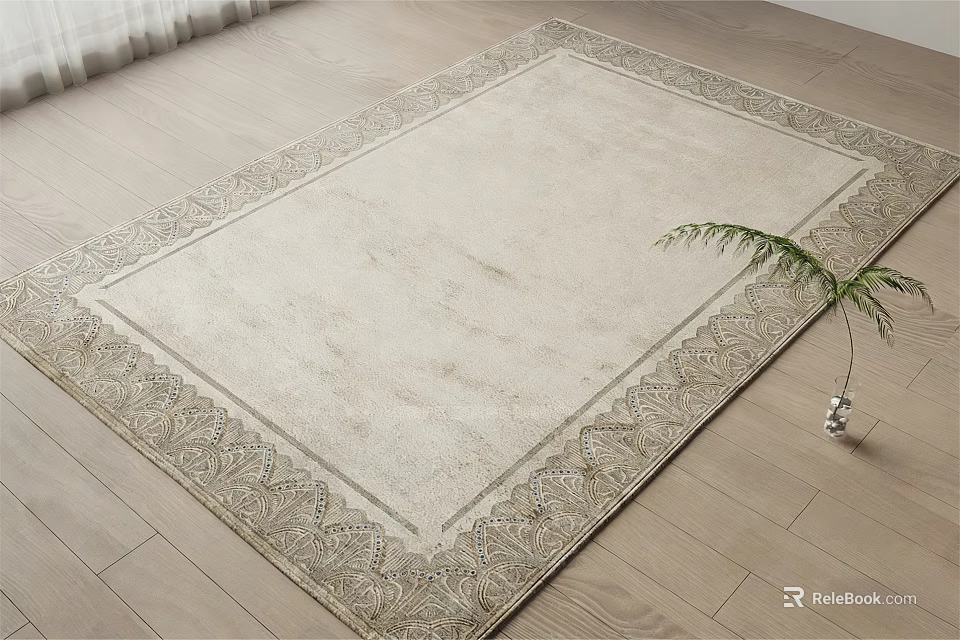 Light Beige Square Rug With Intricate Border Design On Wooden Floor And Green Plant 3d model 