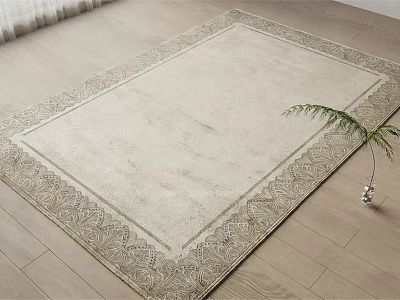 Light Beige Square Rug With Intricate Border Design On Wooden Floor And Green Plant 3d model