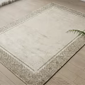 Light Beige Square Rug With Intricate Border Design On Wooden Floor And Green Plant
