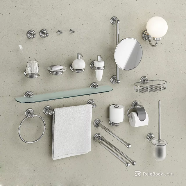 Stainless Steel Bathroom Accessories Set Including Towel Rack Soap Dish Toothbrush Holder and Mirror 3d model 