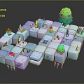 Green Christmas Tree Plants in Wintery 3D Scene with Snow Blocks Gifts Candy Canes Snowmen