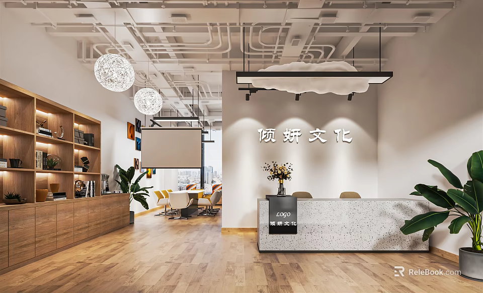 Modern Office Front Desk Reception With Wooden Bookshelves Marble Countertop Green Plants And Pendant Lights 3d model 
