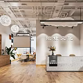 Modern Office Front Desk Reception With Wooden Bookshelves Marble Countertop Green Plants And Pendant Lights