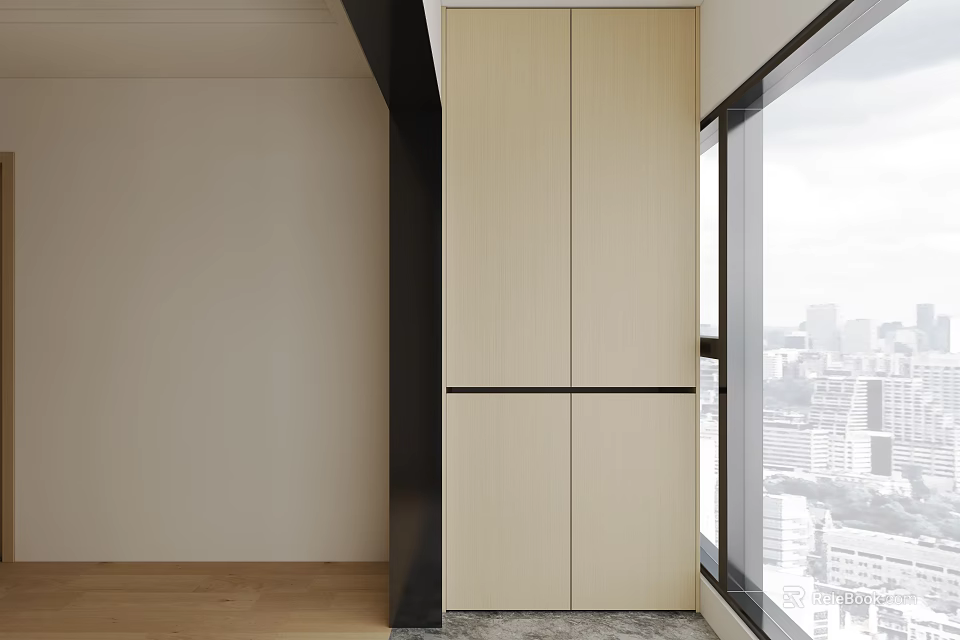 Modern Light Wood Wardrobe Design With Large Window And City View 3d model 