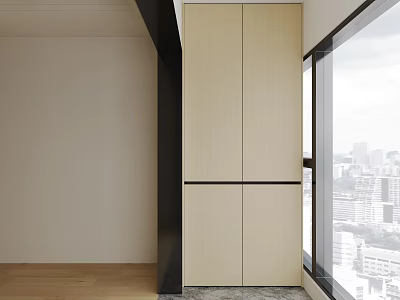 Modern Light Wood Wardrobe Design With Large Window And City View 3d model