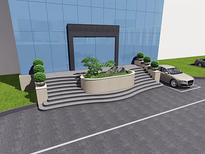 Modern Building Exterior Wall Design With Glass Curtain Facade Entrance Steps Green Plants And Parked Car 3d model