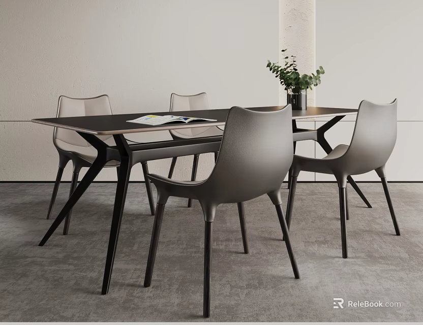 Modern Dining Table Set With Gray Chairs Wooden Tabletop Black Legs Green Plant And Magazine 3d model 