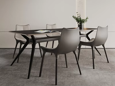 Modern Dining Table Set With Gray Chairs Wooden Tabletop Black Legs Green Plant And Magazine 3d model