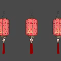 Three Red Lanterns With Gold Patterns And Red Tassels On Black Background