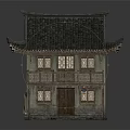 Traditional Ancient Building With Tile Roof Overhanging Eaves Two Story Wooden Structure And Windows
