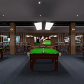 Modern Billiard Room Interior With Green Pool Tables Hanging Lights And Brick Walls