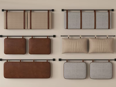 Bed Linen Cushions In Brown Beige Grey Fabric Leather Materials Hanging On Wall 3d model