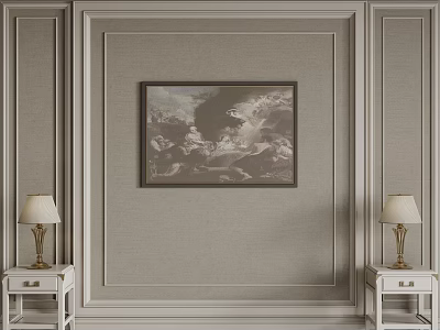 Beige Bedroom Accent Wall With Decorative Moldings Central Artwork And White Nightstands With Gold Lamps 3d model