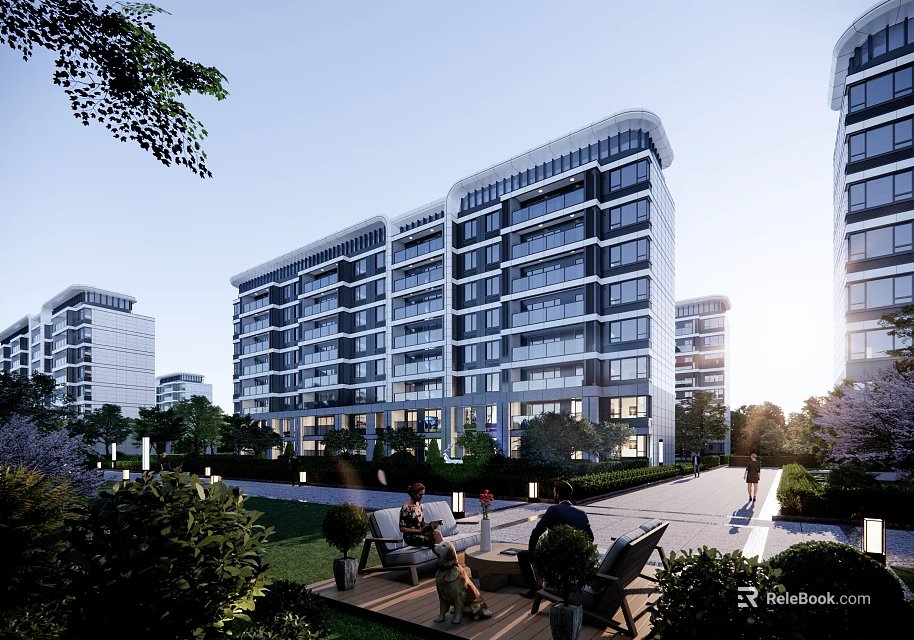 Modern High-Rise Residential Building With Green Landscape And Outdoor Seating Area 3d model 