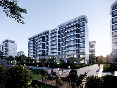 Modern High-Rise Residential Building With Green Landscape And Outdoor Seating Area 3d model