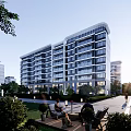 Modern High-Rise Residential Building With Green Landscape And Outdoor Seating Area