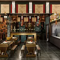 Chinese Style Restaurant Interior With Wooden Decor Lanterns And Traditional Patterned Walls