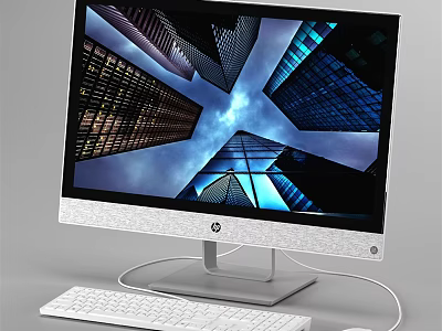 HP All in One Desktop PC With White Keyboard Mouse And Urban Skyline 3d model