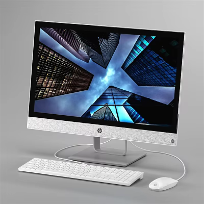 HP All in One Desktop PC With White Keyboard Mouse And Urban Skyline 3d model