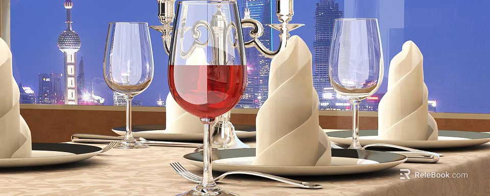 Elegant Wine Bottle And Glasses On Dining Table With Folded Napkin Silverware City Skyline 3d model 