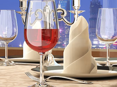 Elegant Wine Bottle And Glasses On Dining Table With Folded Napkin Silverware City Skyline 3d model