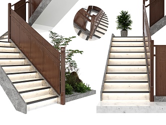 New Chinese Style Stair Escalator Stair Escalator Chinese Style Structure Plants Flowers and Plants Stair Lamp Tile Balcony Landscape 3d model