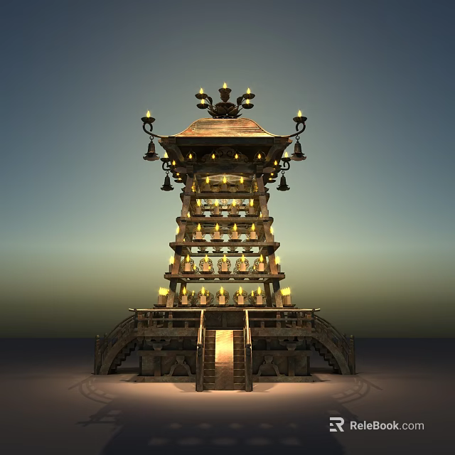 Traditional Tiered Tower With Illuminated Lanterns Multiple Levels And Decorative Top Stairs 3d model 