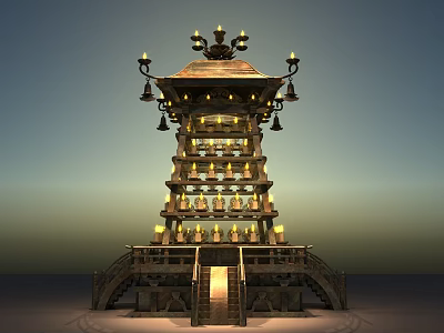 Traditional Tiered Tower With Illuminated Lanterns Multiple Levels And Decorative Top Stairs 3d model