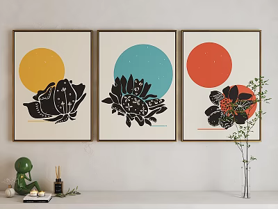 Abstract Paintings With Colorful Circular Backgrounds Black Floral Motifs And Wooden Frames For Home Wall Art 3d model