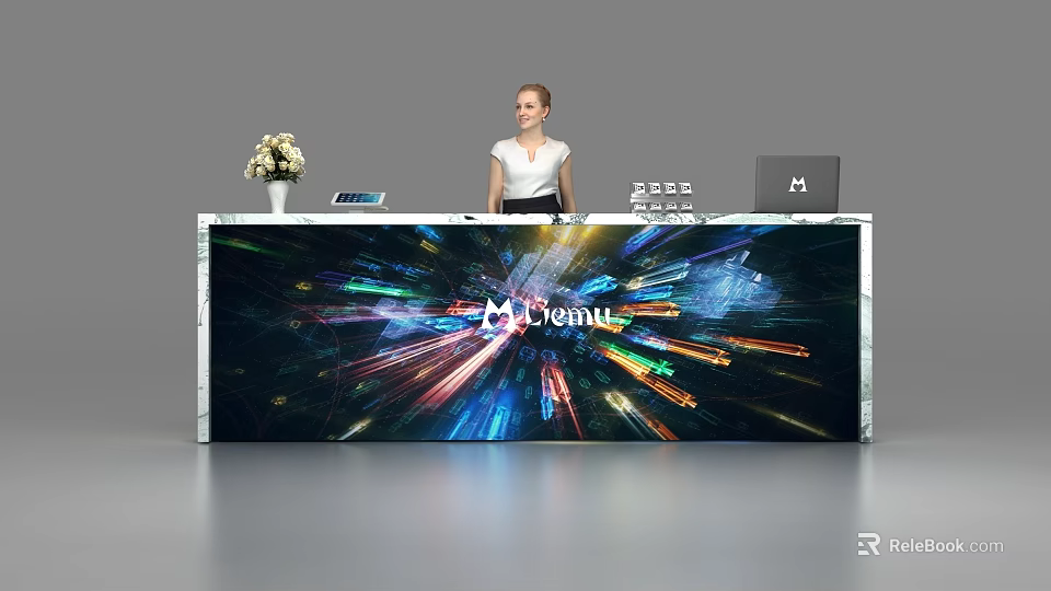 Modern Reception Desk With Vibrant Display M.lenus Logo Laptop And Receptionist 3d model 