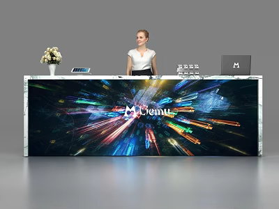 Modern Reception Desk With Vibrant Display M.lenus Logo Laptop And Receptionist 3d model