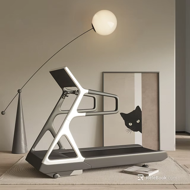 Modern Home Treadmill With Sleek Design Arc Floor Lamp Mirror And Cat Silhouette Interior 3d model 