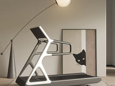 Modern Home Treadmill With Sleek Design Arc Floor Lamp Mirror And Cat Silhouette Interior 3d model