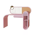 Modern Pink Vanity Table With Round Mirror Grid Design And Open Shelf 3d model