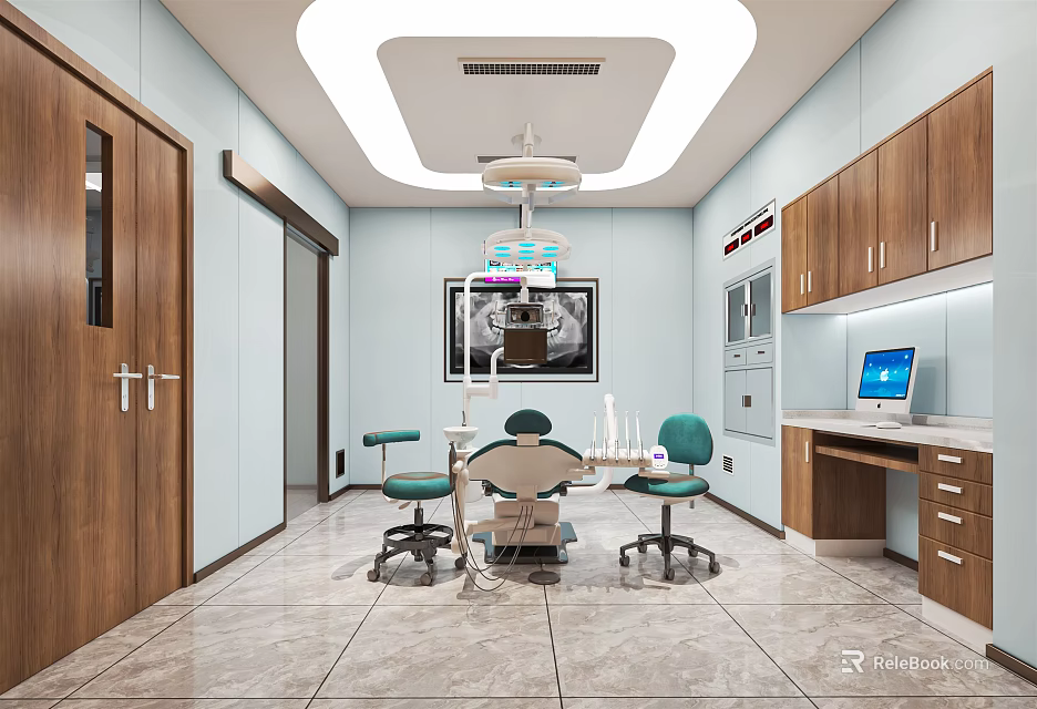 Modern Dental Clinic Interior With Dental Chair Green Chairs And Wooden Cabinets 3d model 