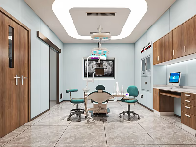 Modern Dental Clinic Interior With Dental Chair Green Chairs And Wooden Cabinets 3d model
