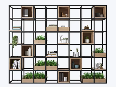 Modern Black Frame Wooden Compartment Shelf Unit With Green Plants Books Decorative Items And Vases 3d model