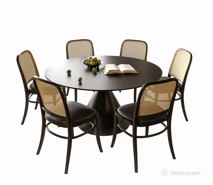 Round Black Dining Table Set with Six Rattan Back Chairs and Tabletop Fruits Book 3d model 