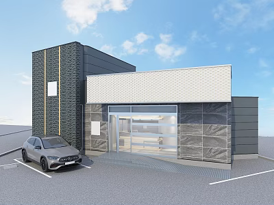 Modern Hotel Building Exterior With Glass Entrance Parking Lot And Black Car 3d model