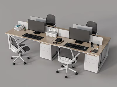 Modern Office Workstation Desk With Computer Monitors Office Chairs And Drawers 3d model