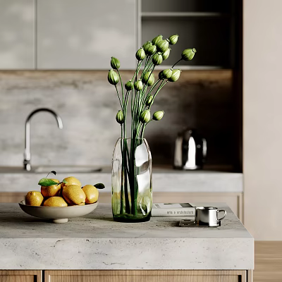 Kitchen Countertop Ornament Set With Glass Vase Green Buds Lemon Bowl Book And Metal Jug 3d model