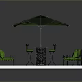 Cat Relaxing On Green Outdoor Sofa Near Umbrella And Round Table With Tiled Floor