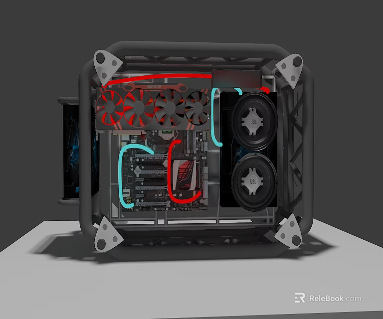 Gaming PC Case With Transparent Panel Red Blue Fans And Liquid Cooling System 3d model