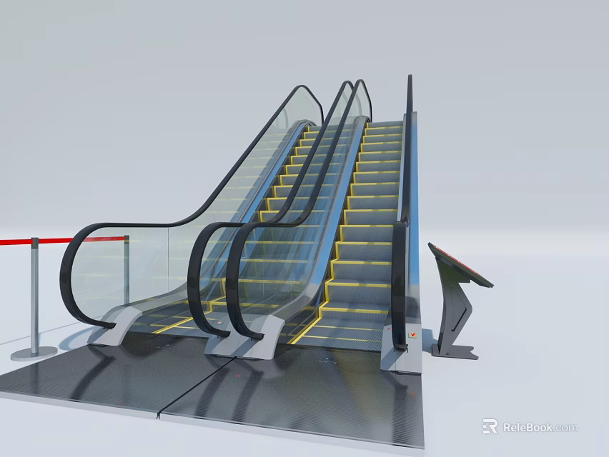 Modern Escalator with Transparent Glass Handrails and Illuminated Yellow Steps Design 3d model 