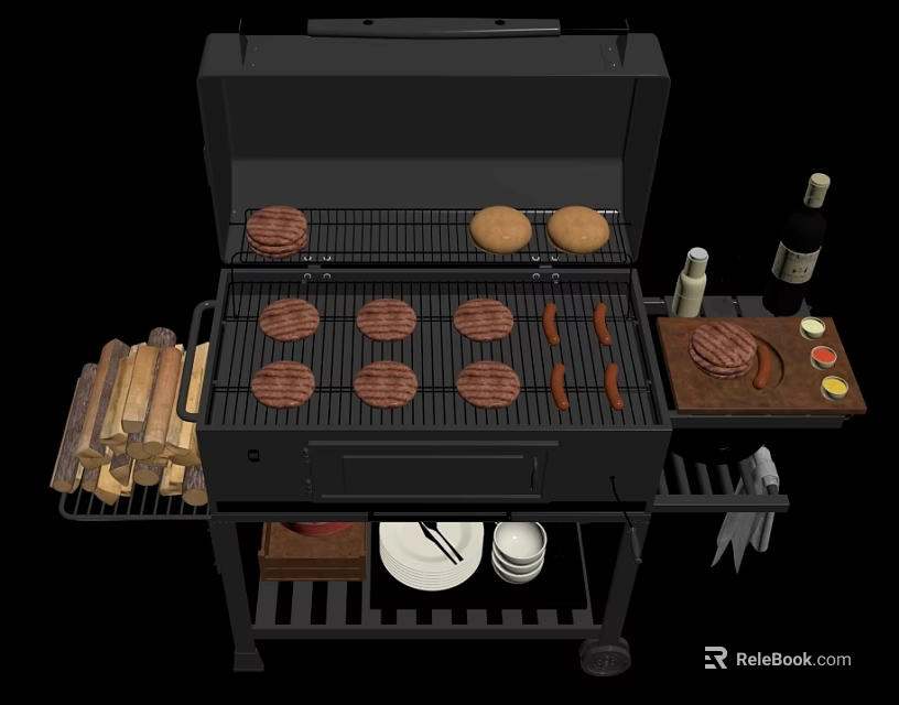 Outdoor Grill Setup With Hamburger Patties Sausages Buns Wood Logs And Wine Bottle 3d model 