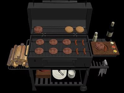Outdoor Grill Setup With Hamburger Patties Sausages Buns Wood Logs And Wine Bottle 3d model